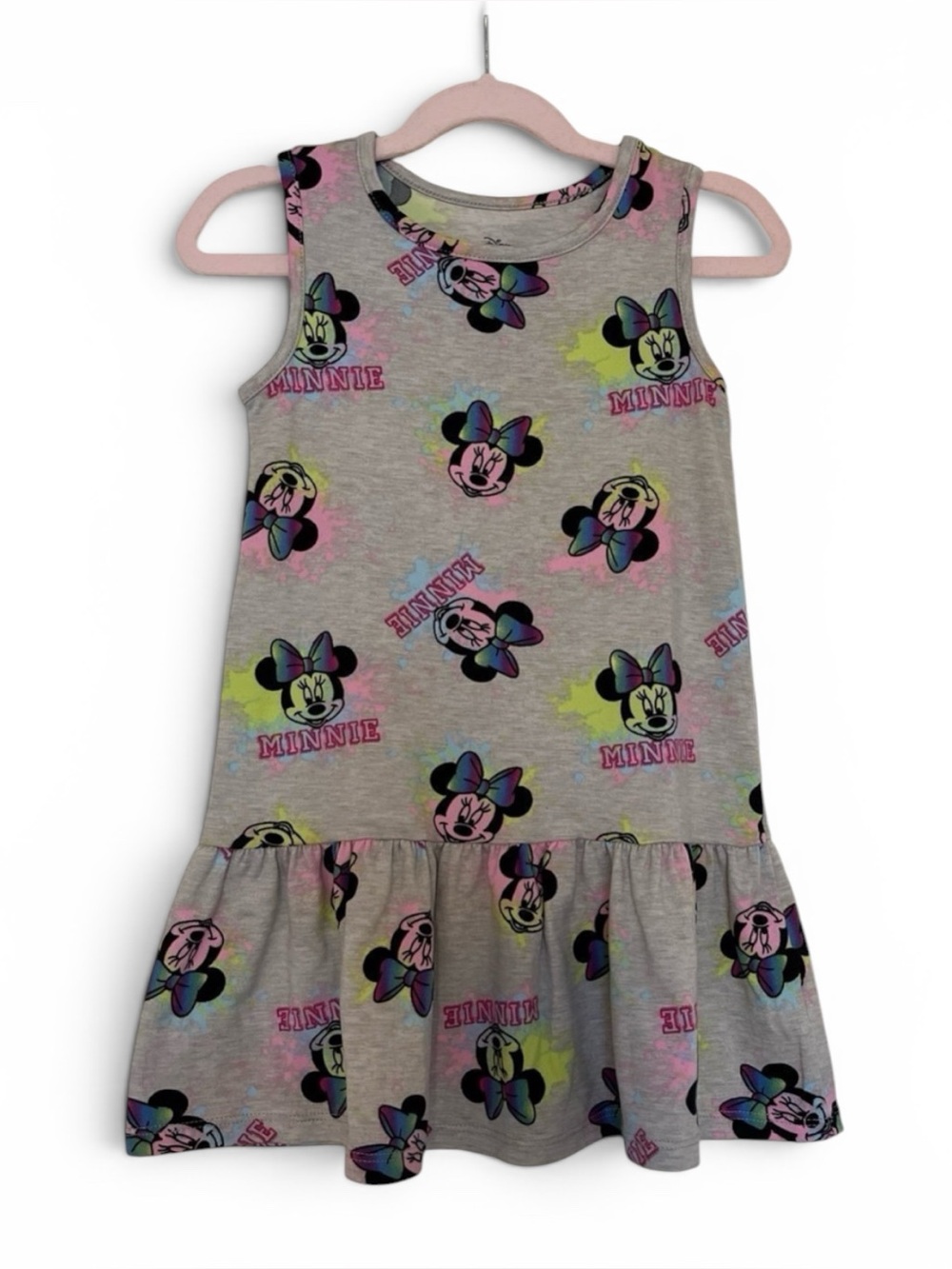 Disney Minnie Mouse Neon Print Dress Girls XS 4/5 Gray Sleeveless Ruffle Hem